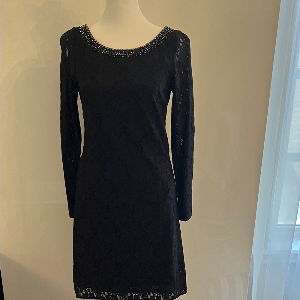 Laundry By Shelli Segal Black Lace Long-Sleeve Dress with Beaded Neckline